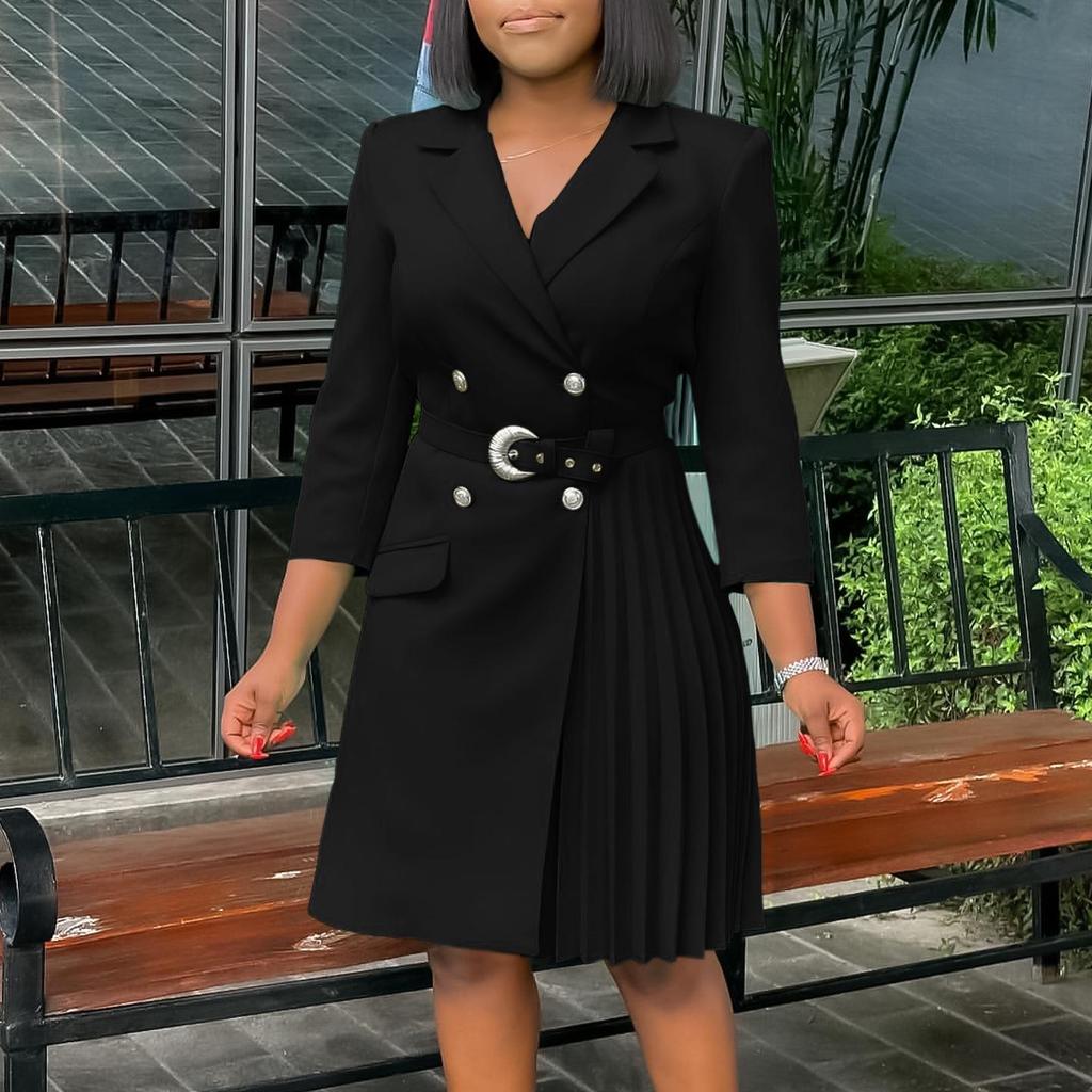 High Waist Slimming Pleated Mid-Length Suit Dress D3284