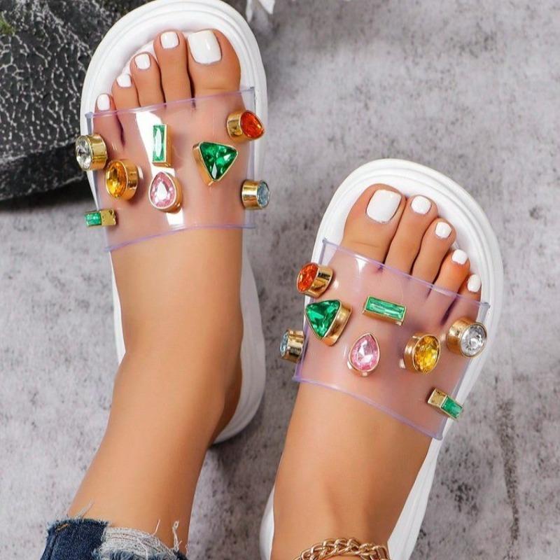 Fashion Platform Slippers Summer New Round Head Open Toe Crystal Buckle Transparent Strap Anti-slip Wear-resistant Sandals