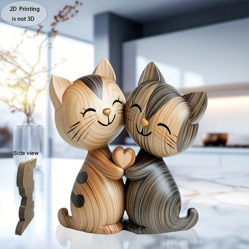 

1PCS 2D Flat Print - Handmade Kitten Couple Wooden Sculpture, Charming 2D Gift for Cat Lovers