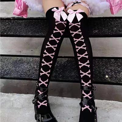 Nouveaux Chaussettes Chaudes à Nœud d'Os pour Fille Streetwear Filles Noir Doux Mignon Rose Y2K Harajuku Lolita Bas Résille Bas Cuisse