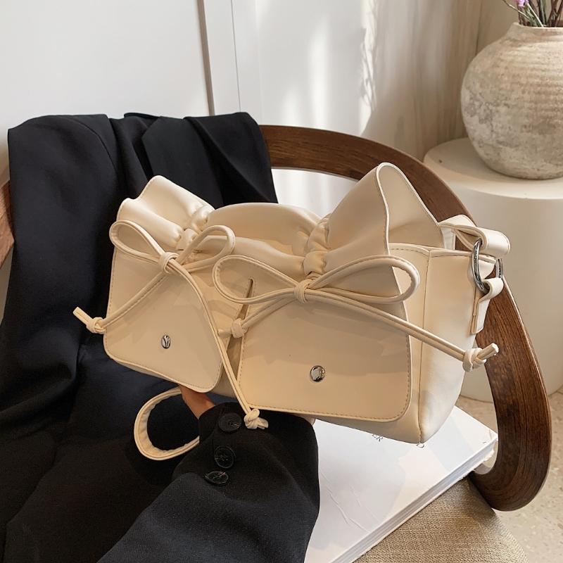 Womens Aesthetic PU Leather Underarm Bag Pleated Sweet Bowknot Shoulder Crossbody Bag Adjustable Armpit Handbag Purse
