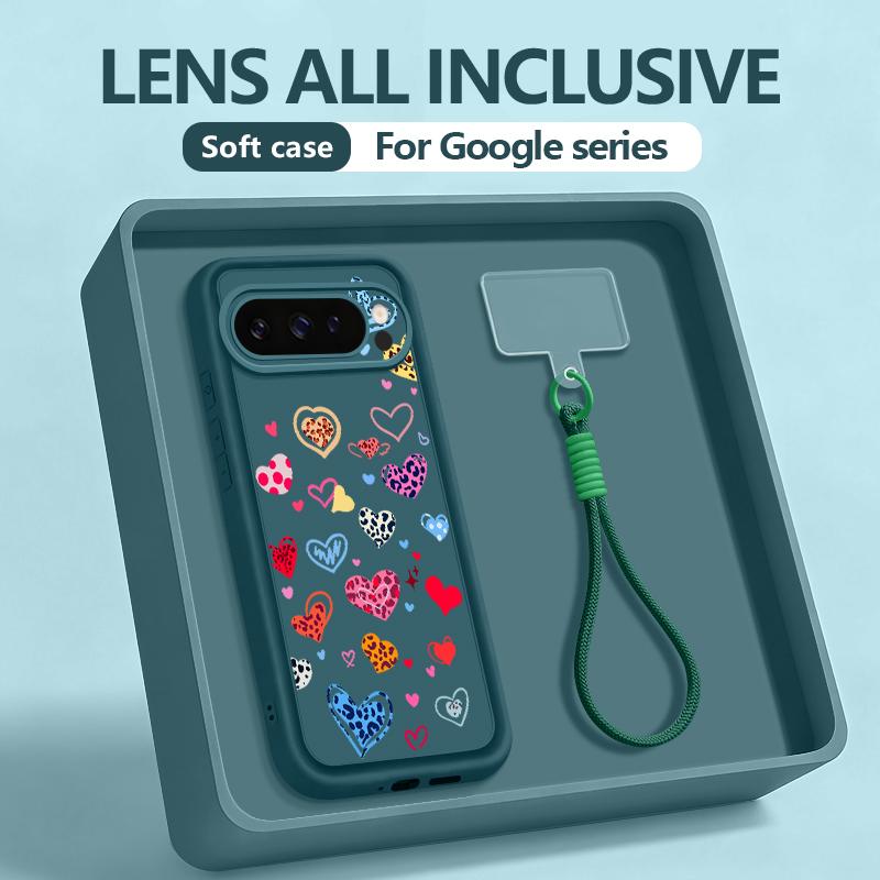 Colorful Love Heart Printed Case For Google Pixel 10 8 7 Pro 9A 8A Pixel 9 10 Pro XL Wrist Strap Lanyard Soft TPU Phone Cover