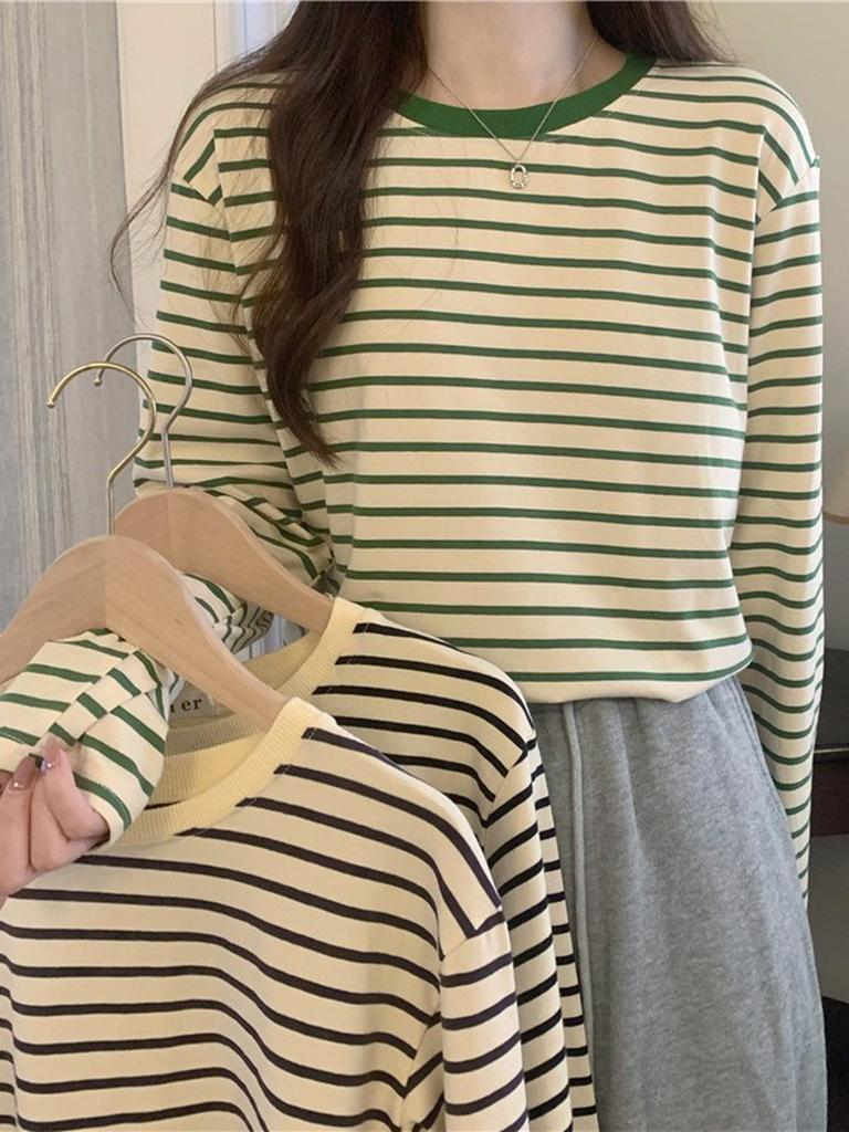 New Spring Style Loose Fit Slimming Versatile Black and White Striped Cami Top Thin Crew Neck Long Sleeve T-Shirt for Women