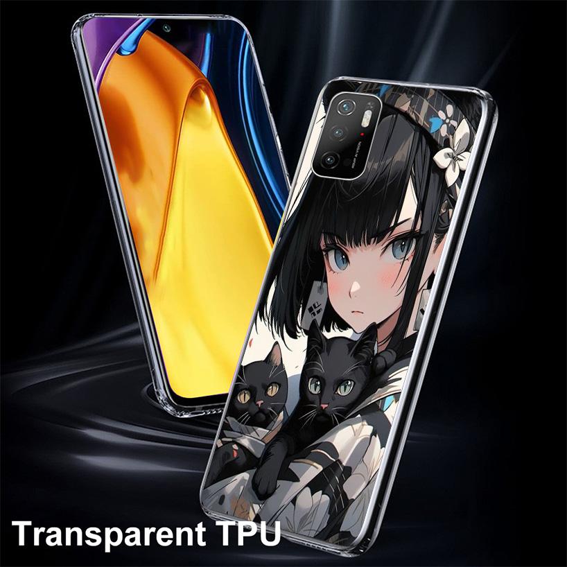 Anime Girls Cute Black Cat Phnoe Case for Xiaomi Poco X5 X6 X7 Pro X4 Gt F7 Ultra M8 M7 Redmi 15C 15 13C 13 12C 12 Unique Cover