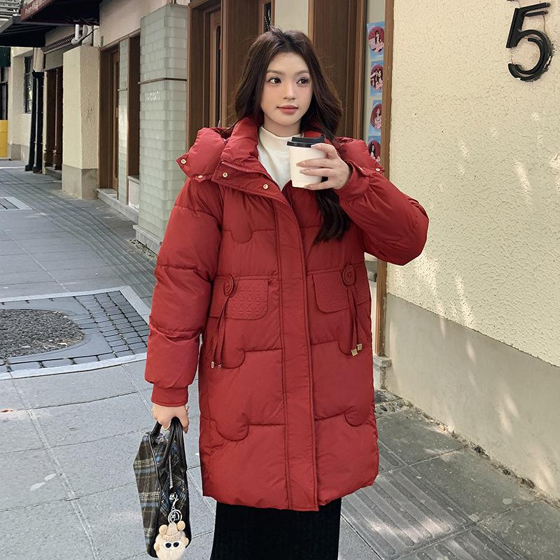 

New Korean Women s Down Jacket Mid-length Loose Winter Slim Hooded White Duck Down Jacket XXL