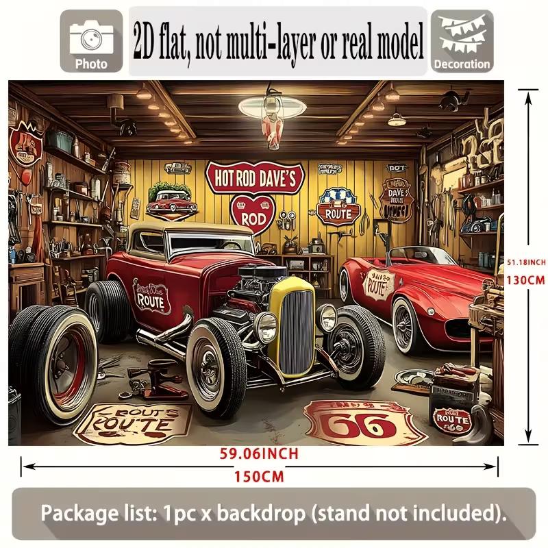 Tapisserie Hot Rod Nostalgique, Garage Rétro avec Roadsters Rouges, Route 66 et Panneaux Vintage Décoration Murale