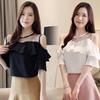 Summer Women's Round Collar Mesh Chiffon Blouse Short Sleeve Ruffles Tops Sexy Off Shoulder Shirt Solid Color Clothes