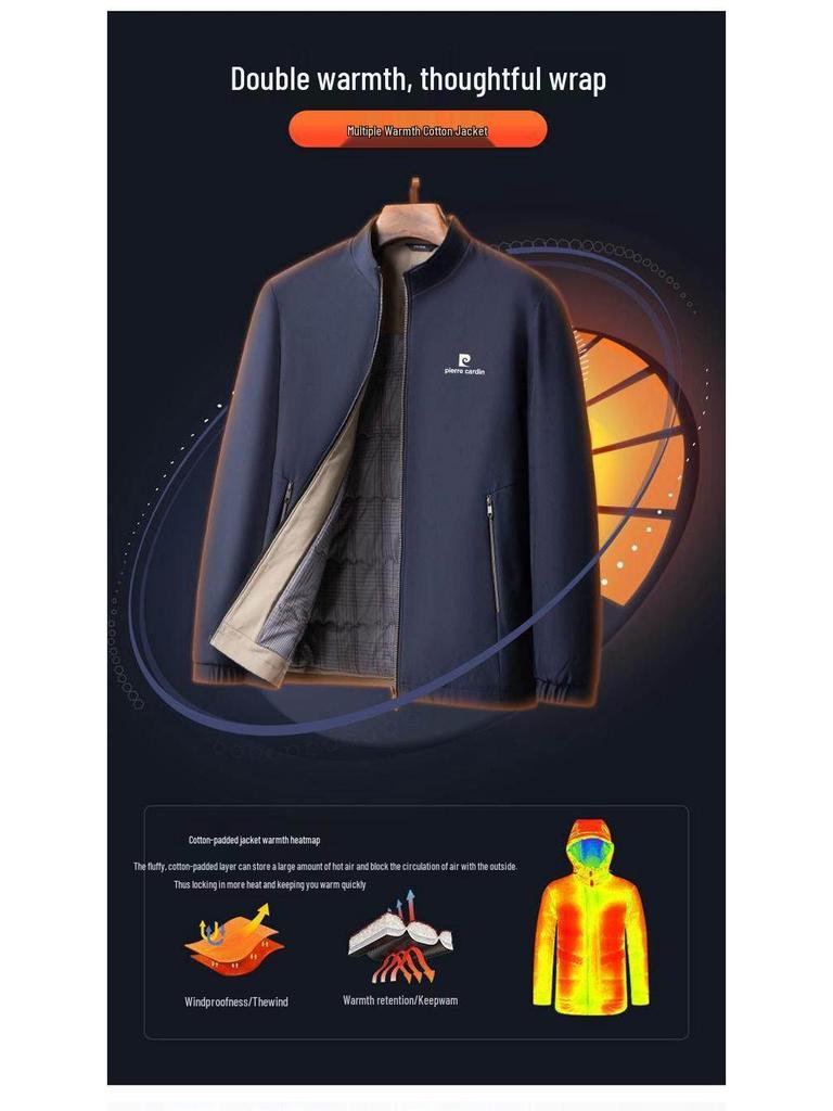 Męska bawełniana kurtka Pierre Cardin z kołnierzem stójką, styl "taty", pogrubiona na jesień/zimę 2025.