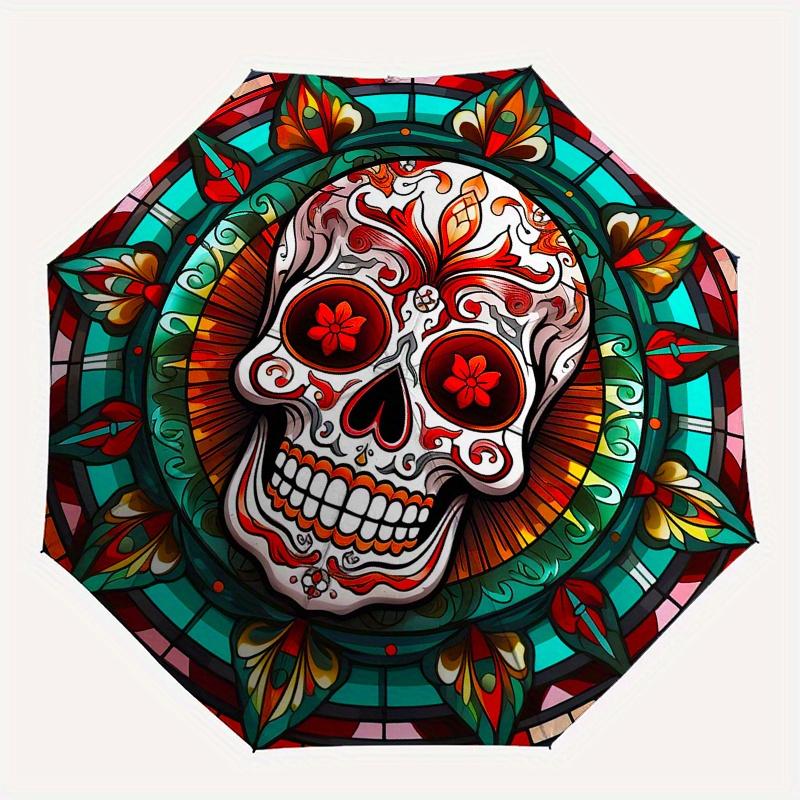 Colorful Sugar Skull Stained DecorUmbrella, Portable 3-Fold Compact Umbrella,Christmas Gift ES647