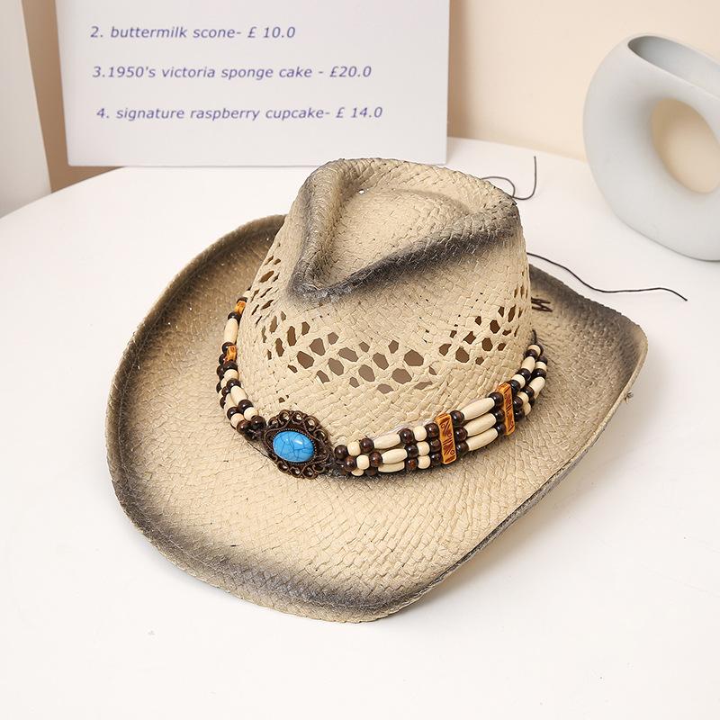 Boho Örgülü Zincirli Kovboy Şapkası Vintage Nefes Alabilir Güneşlik Hasır Şapka Unisex Güneş Şapkaları Seyahat Plaj Şapkası Kadınlar Erkekler İçin