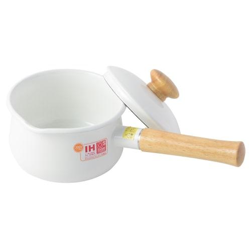 Fuji Enamel Milk Pan with Lid, 15cm, 1.2L, Induction Compatible, White, Long Handle, Enamel Saucepan