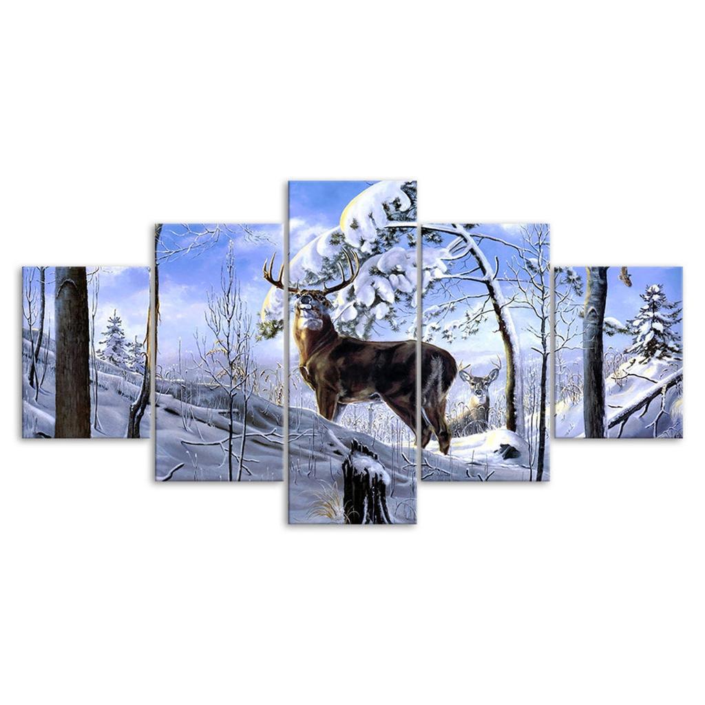 Deer Animal Winter Wildlife Landscape 5 Piece Canvas Wall Art Multi Panel Print Modern Poster Home Decor Picture Gift For Him For Her