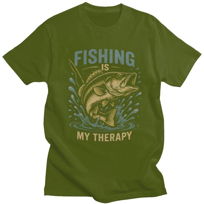 Fishing Is My Therapy T Shirt Men Short Sleeve Angler Fishman Lover Tshirts Casual Tee Tops For Husband Father Oversized Tshirt