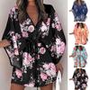 Summer V-Neck Flying Half Sleeve Women Mini Dress Floral Printing Waist Drawstring Beach Holiday Dress