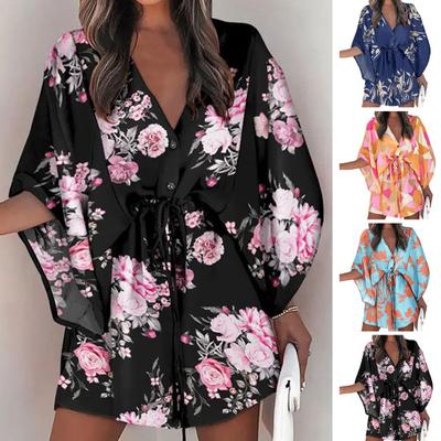 Summer V-Neck Flying Half Sleeve Women Mini Dress Floral Printing Waist Drawstring Beach Holiday Dress