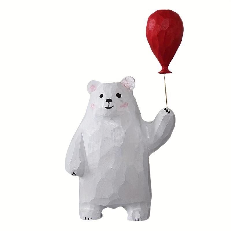 Handcrafted Wooden Bear Figurine with Heart Balloon Charming Desktop Decor, Artisanal Wood Carving,Cute Animal Design,Ideal Gift for Special Occasions
