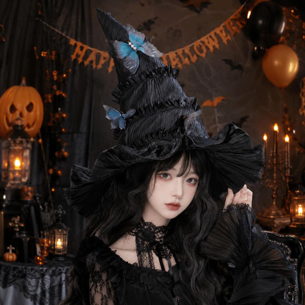 Tall Pointed Cone Top Halloween Hat Gothic Ruched Masquerade Cap  Halloween Party