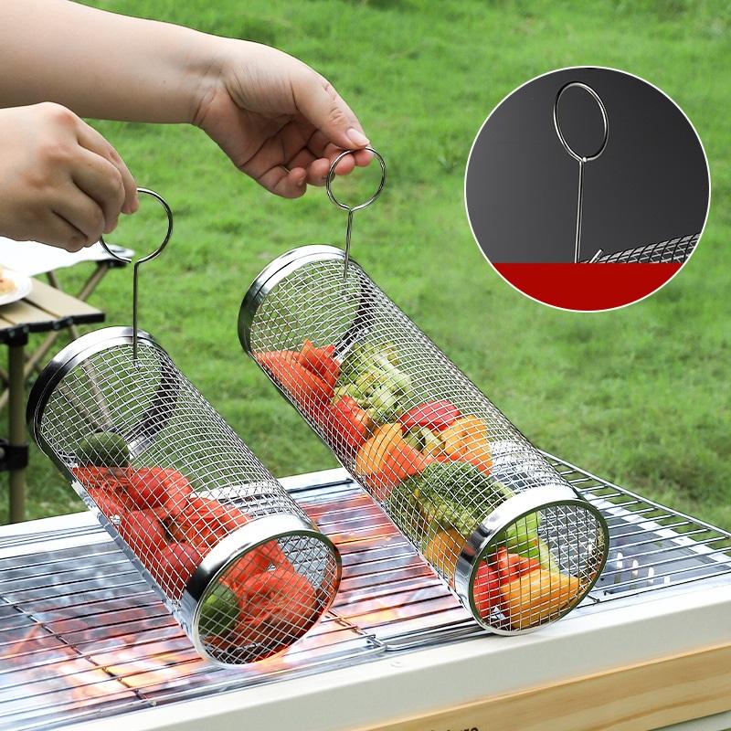 Round BBQ Basket Stainless Steel Rolling Grilling Basket Wire Mesh Cylinder Grill Basket Portable Outdoor Camping Barbecue Racks