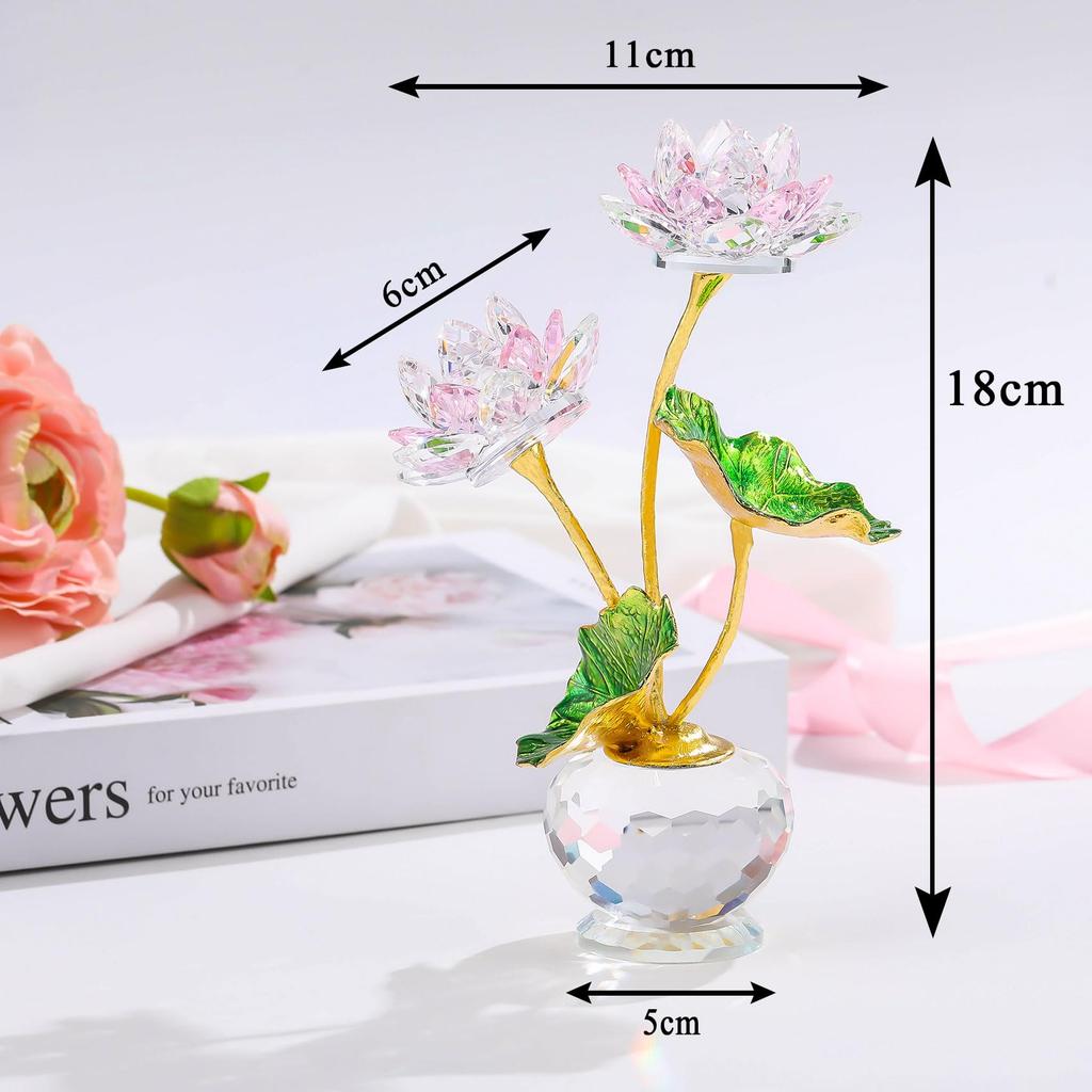 Kertari Crystal Lotus Artificial Flower Interior Ornament Lucky Charm K9 Crystal Glass Lotus Flower Metal Lotus Leaf Feng Shui Item Everlasting Flower