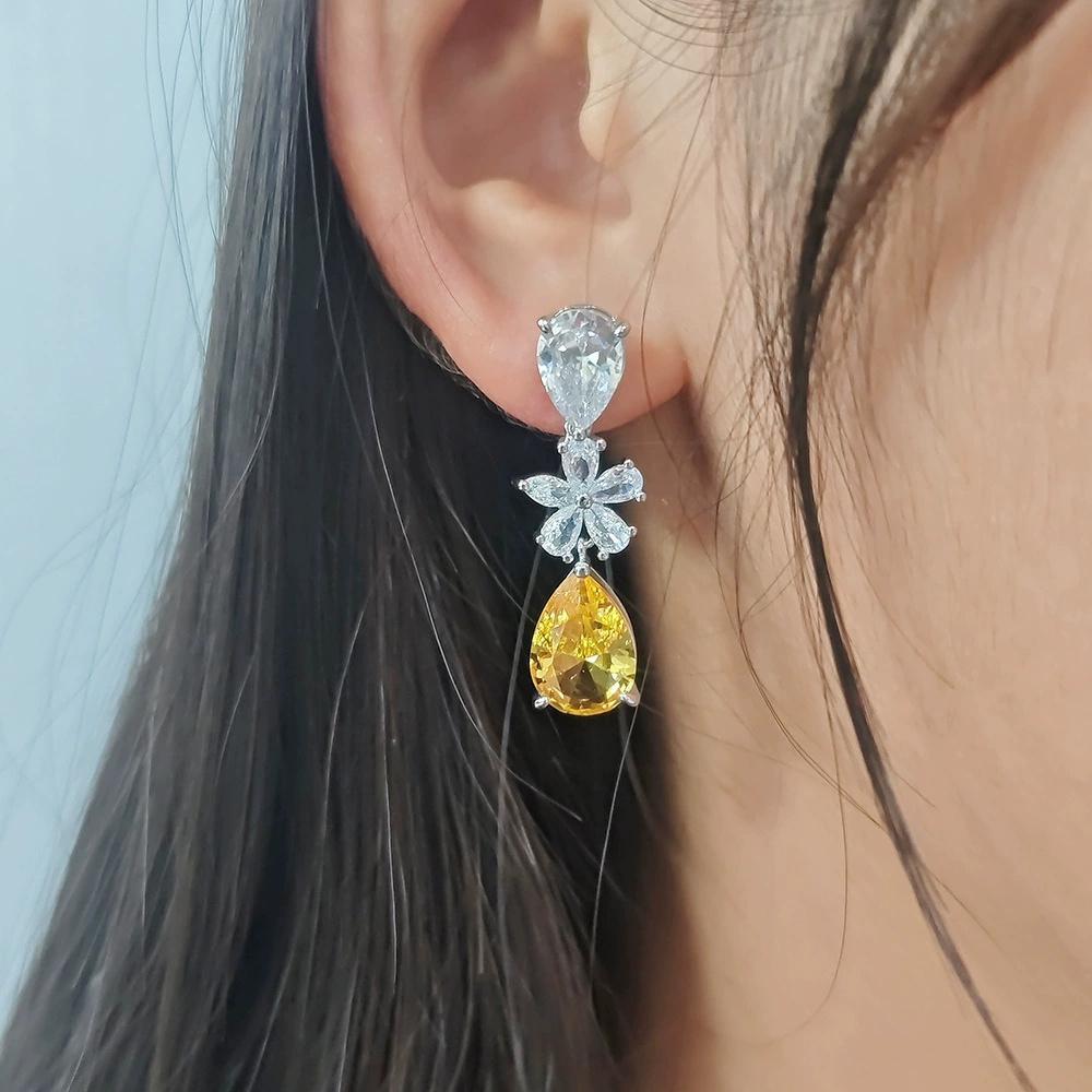 Female White Yellow Zircon Stone Flower Water Drop Earrings Cute Trendy Bridal Silver Color Dangle Wedding  For Women