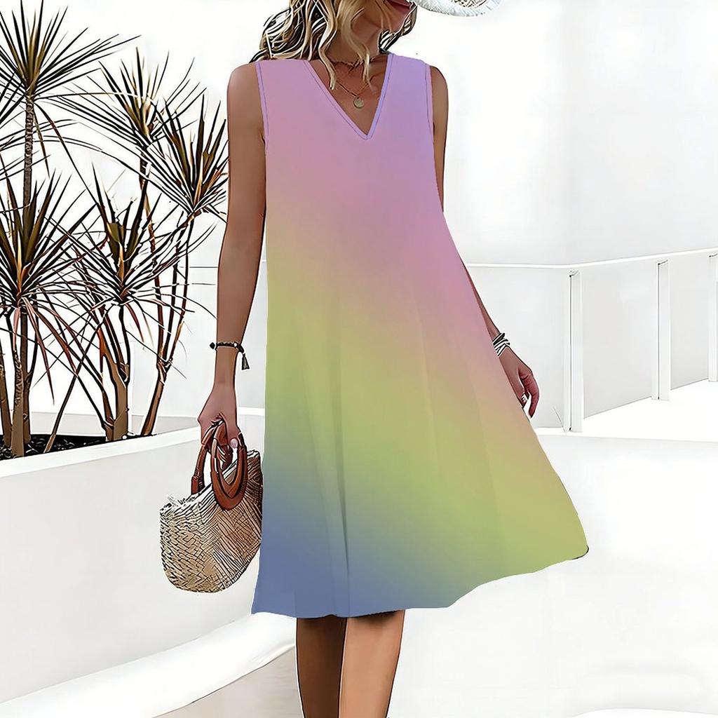 Plus Size V Neck Sleeveless Dress Creek Side Tree Shade Watercolor Print For Courtyard Leisure Time