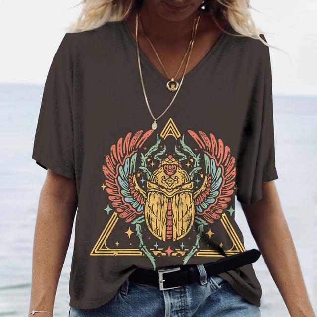 2023 Women's V-neck T-shirt Street Ancient Egyptian Ethnic Costume Print Women's Top Short Sleeve Casual Fashion Women Clothing
