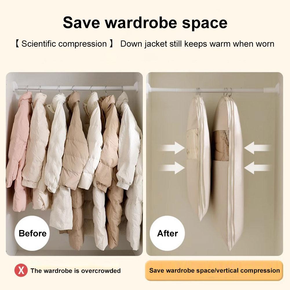 Hanging Garment Bag with Self Compression Zipper Space Save Dust Cover Down Coat Bag Travel Clothes Organizer for Closet Storage