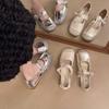 With skirt woven hollow breathable square head thick heel bag head single shoes women's summer retro flat Mary Jane shoes