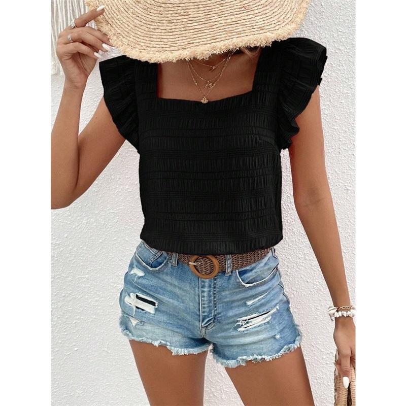   Women's Square Neck Ruffle Sleeve Crop Top Textured Casual Summer Tops