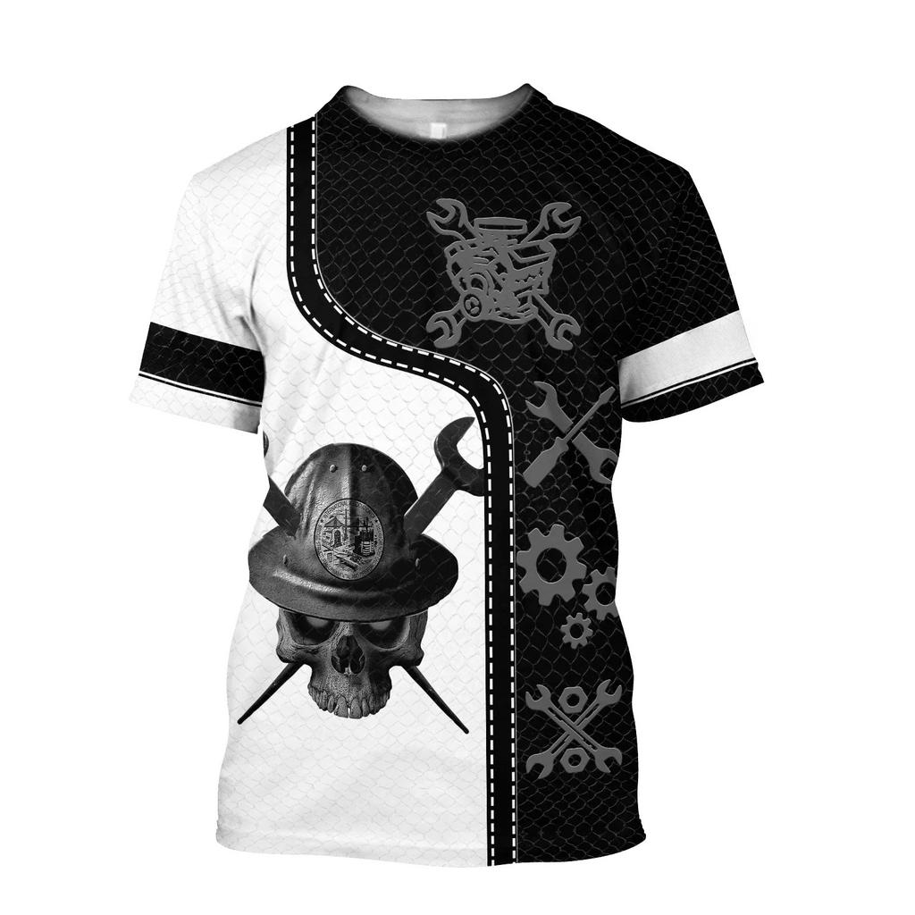 Letnie T-shirty męskie z okrągłym dekoltem, z nadrukiem 3D wzoru mechanicznej czaszki, modne, codzienne, z krótkim rękawem