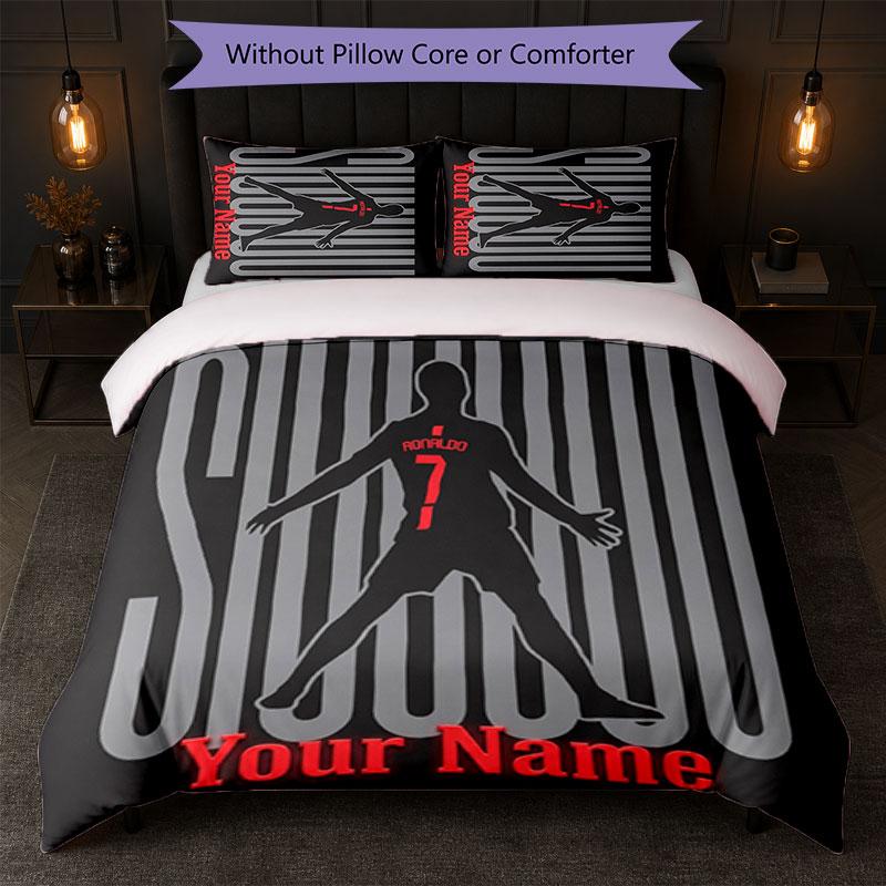 Set Biancheria da Letto Personalizzato Cristiano Ronaldo con Nome Testo 1 Copripiumino+2 Federe Logo Calcio Regalo Personalizzato per Occasione Speciale Arredamento Camera da Letto
