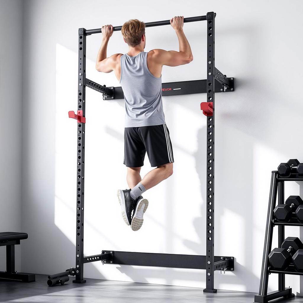 Folding Power Cage, Wall-Mounted Power Rack Squat Rack, Multifunctional Strength Training Workout Equipment with Landmine Holder, Adjustable J-Hooks &