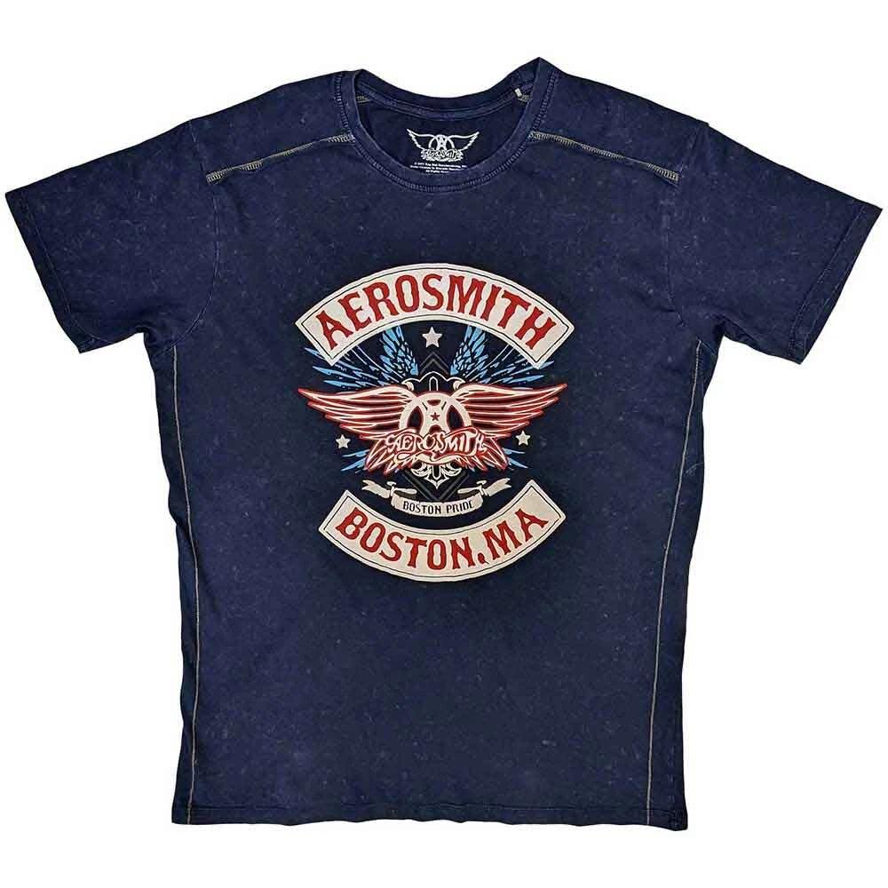 Aerosmith T Shirt Boston Pride Band Logo Official Mens Navy Blue Snow Wash M S