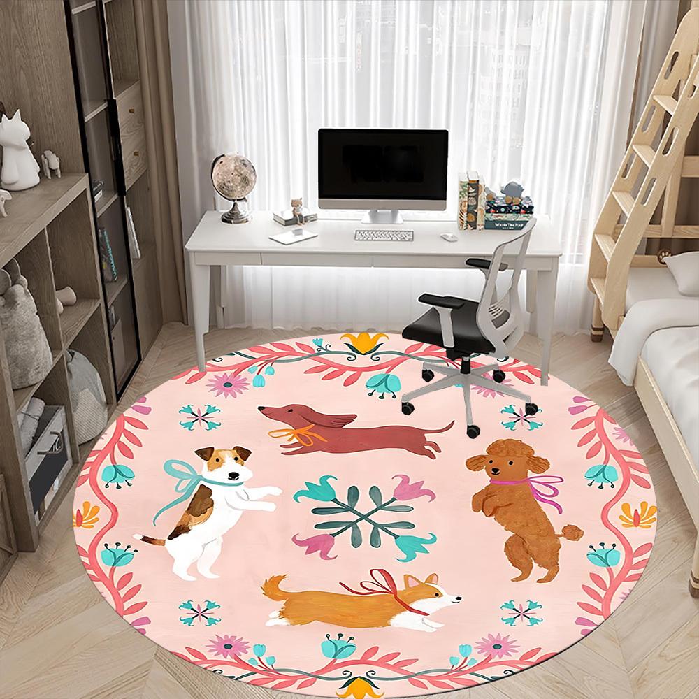 1PC Dogs Floral Office Round Area Rug, Indoor Mat Suitable For Office, Under Office Chairs Bedroom Living Room Home Decor, Room DecoT1223070