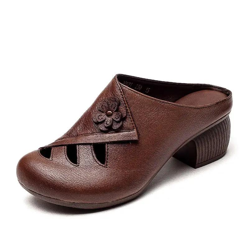 Fashion New Retro Women Slippers Soft Shoes Close Toe High Heels Slides Black Mules Flip Flops for Summer Medium Heel Slides