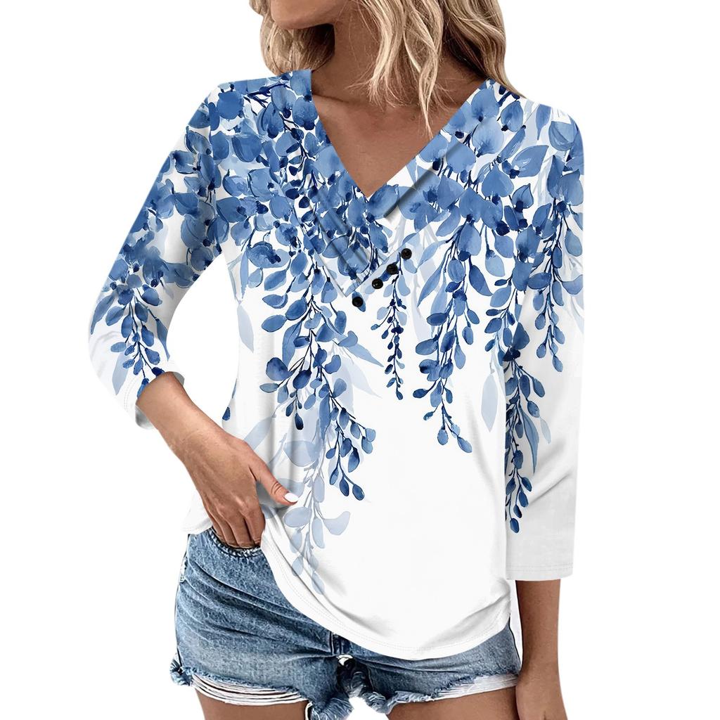 Womens 3/4 Sleeve Daily Weekend V Neck Casual Printed Tshirts Loose Fit Pleated Tees Ladies Blouse