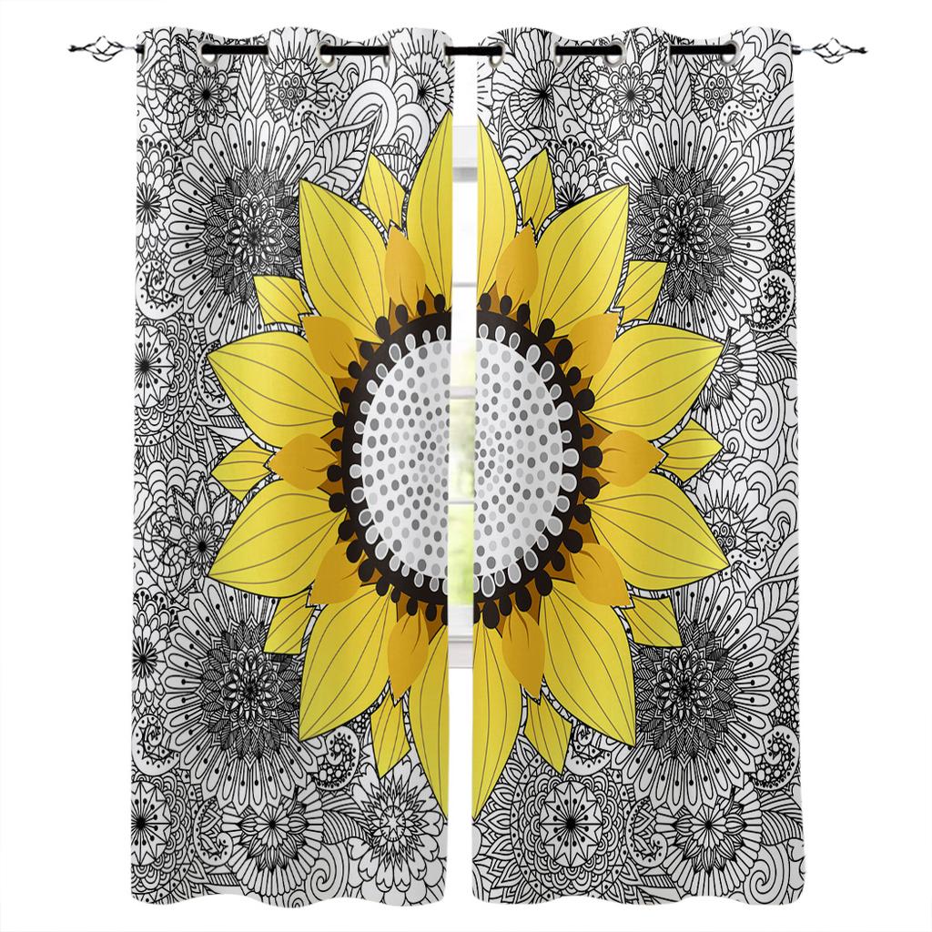 Sunflower And Mandala Teal Green Kitchen Curtains Bedroom Decor Items Curtain Panel Window Curtains for Living Room