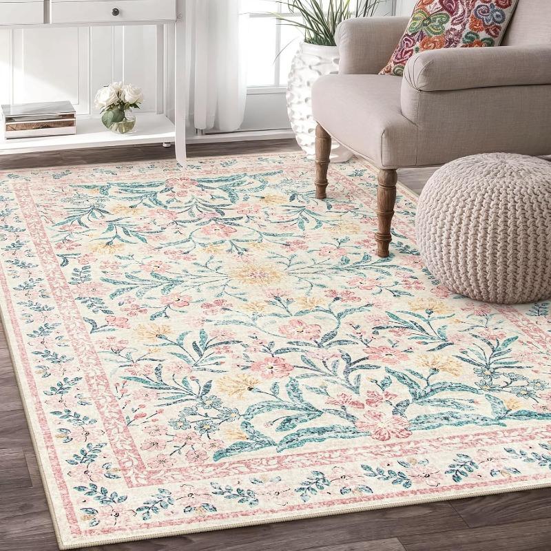 Retro Boho Floral Carpet Machine Washable Pink Rugs Living Room Bedroom Bedside Sofa Girls Non Slip Indoor Floor Dorm Mat Decor