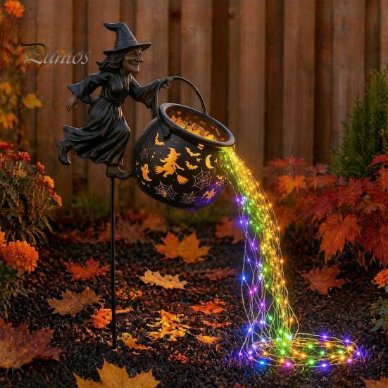 Outdoor Halloween Decorations Witch Cauldron Garden Light, Metal Yard Stake with LED String Pathway Lights Lights, Waterproof Pot Statue for Lawn Path