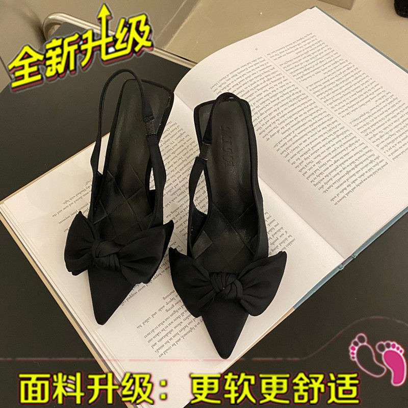 French high-heeled niche bag head bow sandals fairy shoes 2025 new summer thin heel pointed shoes