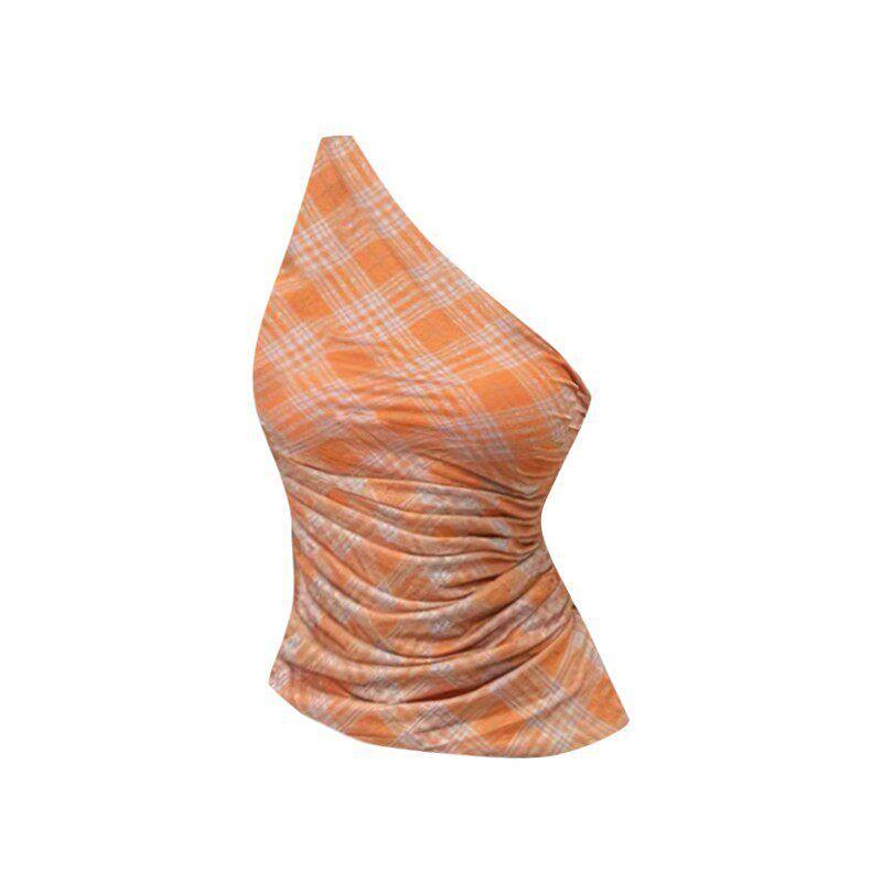 Sweet and Spicy Girl Style Off-Shoulder Plaid Top for Women, 2026 Summer New Slim Fit Slimming Blouse Orange [High Quality] S