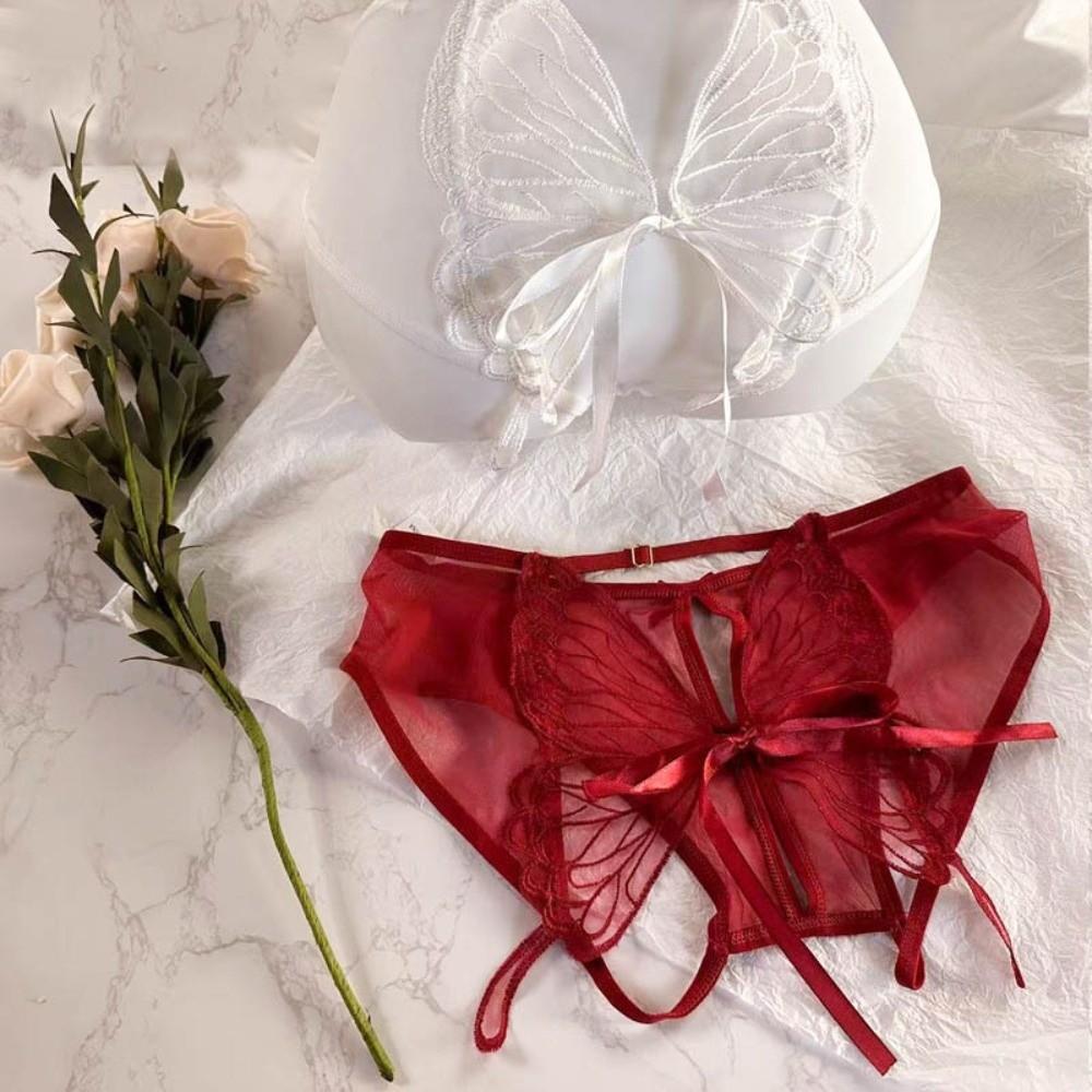 Low Waist Open Crotch Briefs Embroidery Butterfly Panties Ribbon Bow Briefs Ladies Girls