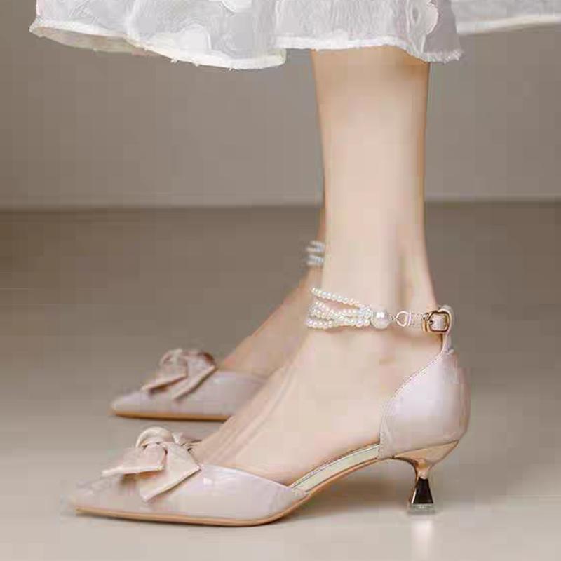 Women's Shoes 2025 Summer New High Heels Bow Silk Thin Heel Shallow Mouth Straight Buckle Strap Pointed Sandals for Women