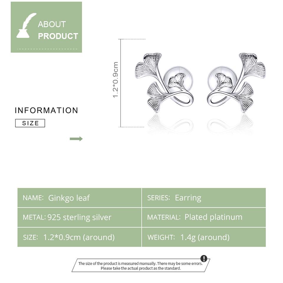 Bamoer Hot Style Real 925 Sterling Silver Ginkgo Leaf Stud Earrings For Women Wedding Small Earrings