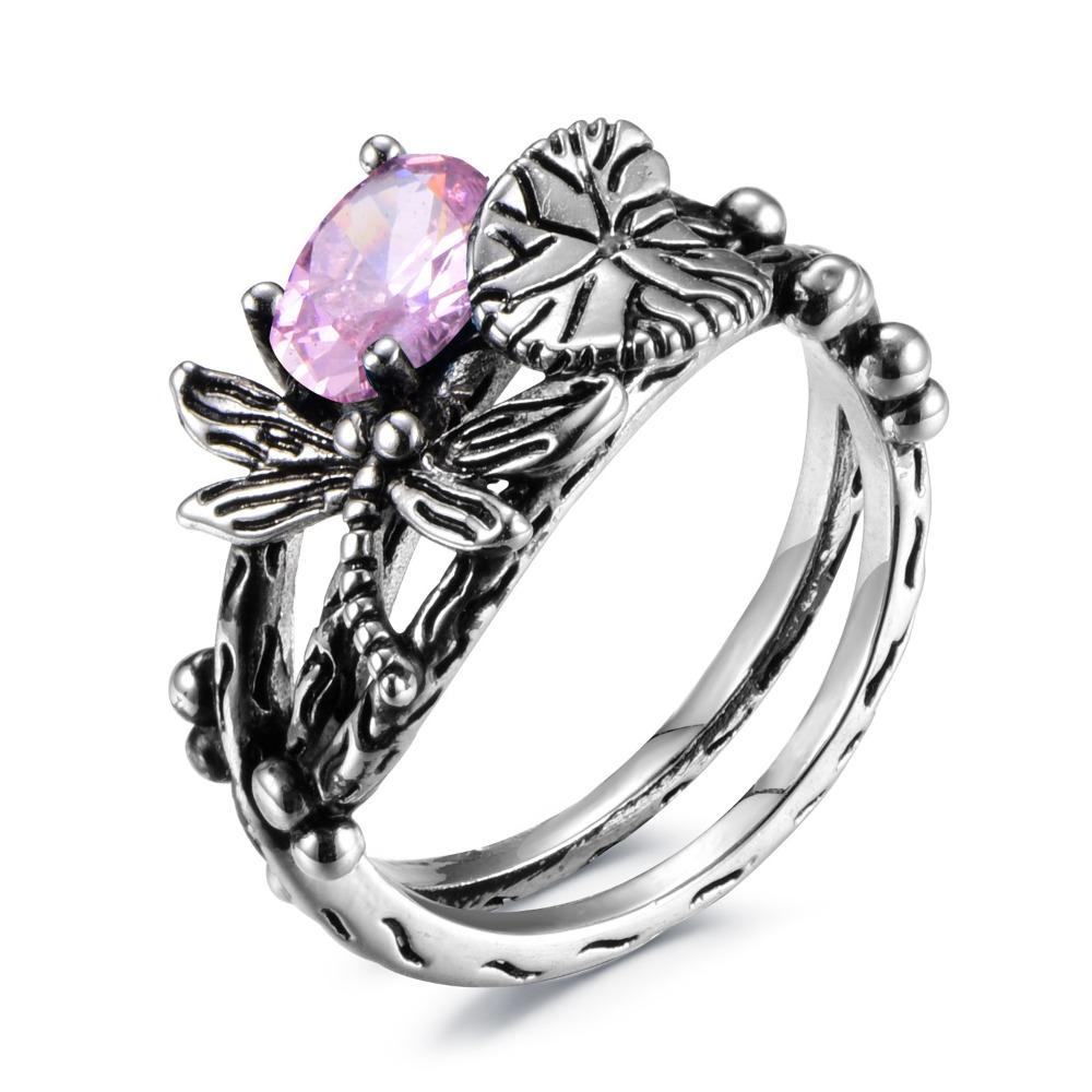 Vintage Dragonfly Lotus Ring for Women with Topaz Silver Plated Bohemian Style Jewelry