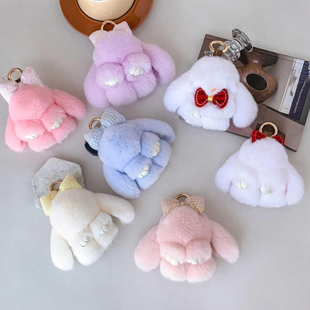 Pearl Rabbit Fur Keychain Bow Plush Rabbit Key Ring Cute Bunny Dolls Keychain  Women Girls