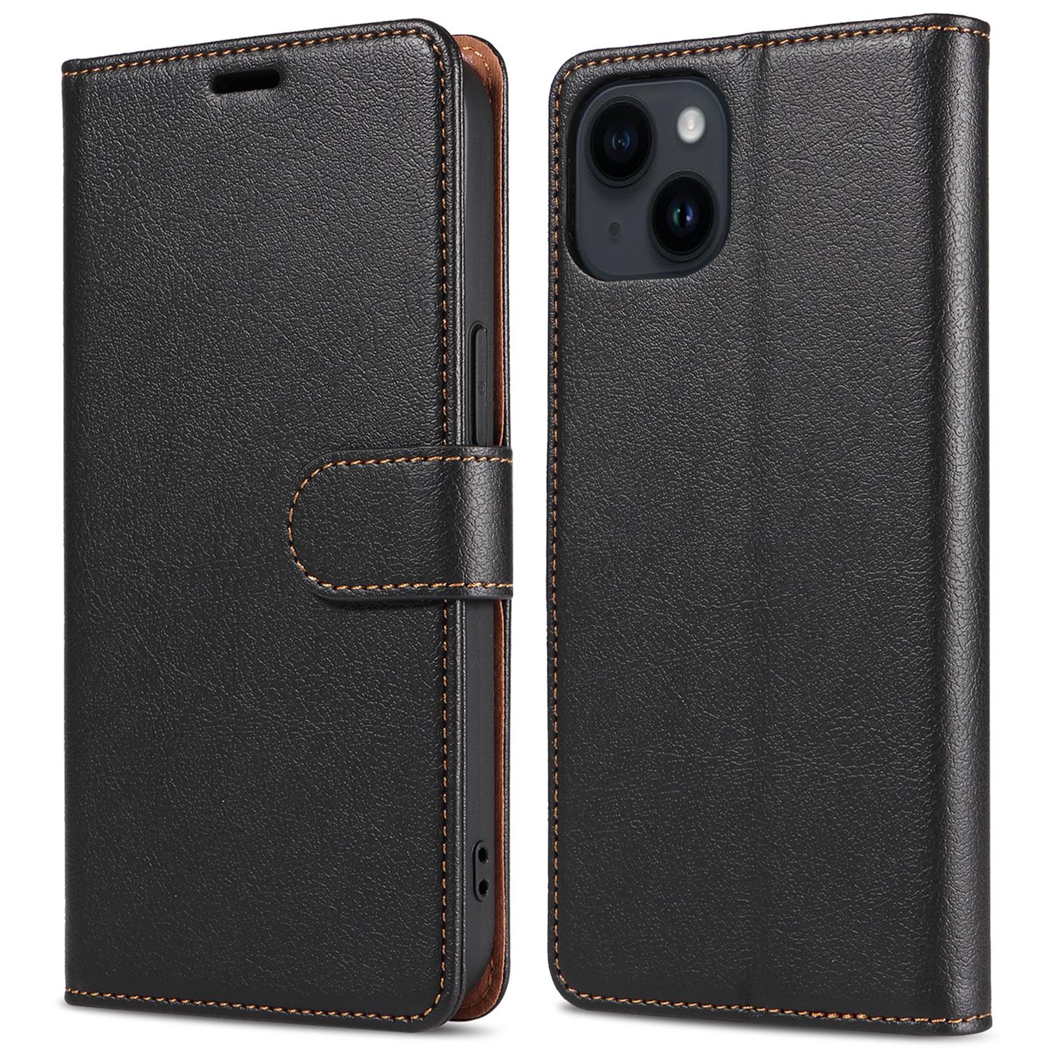 

001 For iPhone 15 Plus Wallet PU Leather Stand Cover Magnetic Closure Phone Case RFID Blocking Function Shell Black