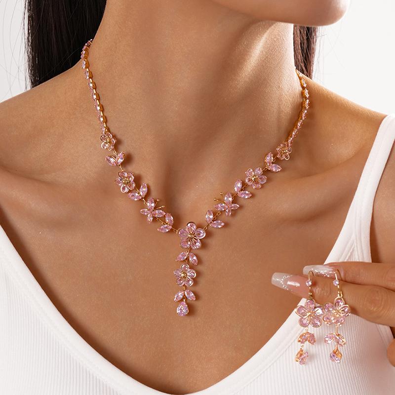 Luxury Pink Crystal Jewelry Set for Women Elegent Butterfly Flower Zircon Chain Pendent Necklace Earrings Wedding Jewelry Set