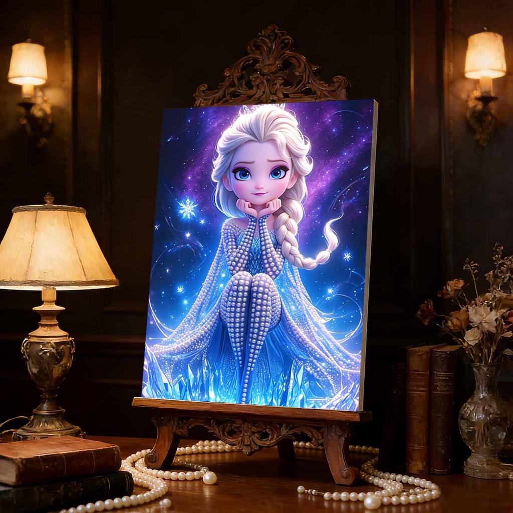 Chibi Starry Ice Elsa New Pearl-Inlaid Frameless Art | Handmade Pearl Craft, Dreamy Starry Ice Theme, for Cute Girly Frozen Style Home Decor