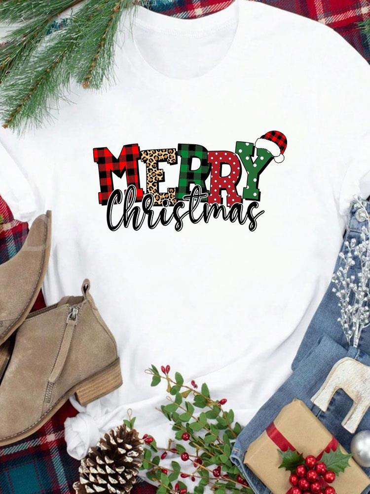 (Asian Size) Tee New Year Holiday tree cute 90s Merry Christmas Top festival Casual Women Print Lady Short Sleeve Fashion Graphic T-shirts